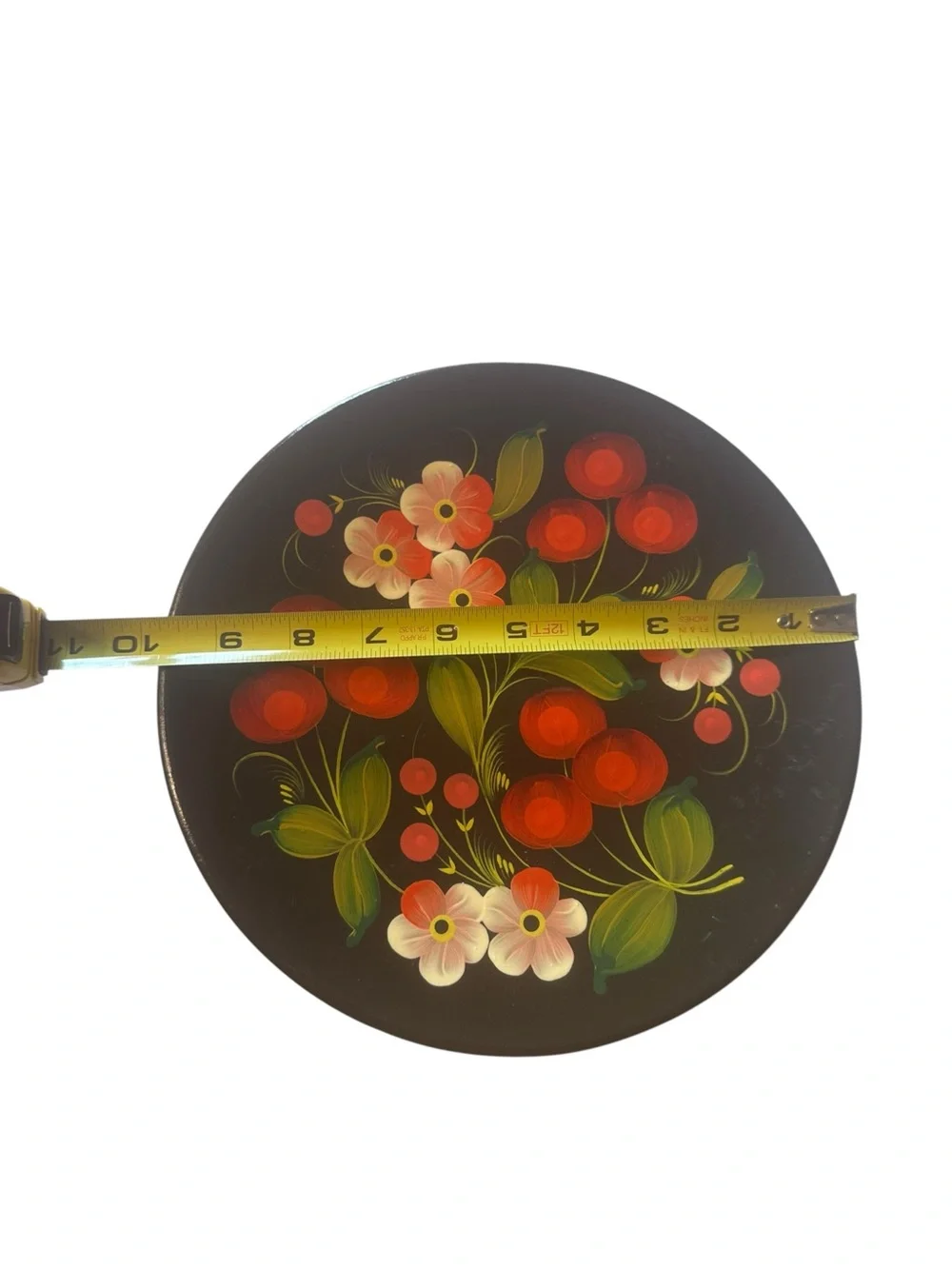 Hand Painted Wooden Floral Wall Plate Folk Art Black Red Flowers 10.5” Decor